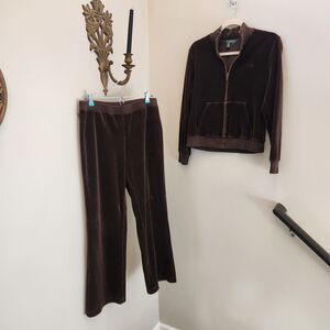 Vtg Y2k Ralph Lauren Brown Velour Tracksuit Set Sz M Wide Leg Pants & Jacket